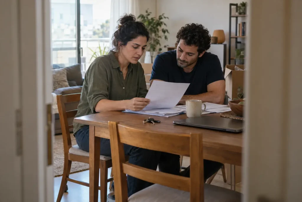 זוג בוחן יחד מסמכים ליד שולחן האוכל בבית