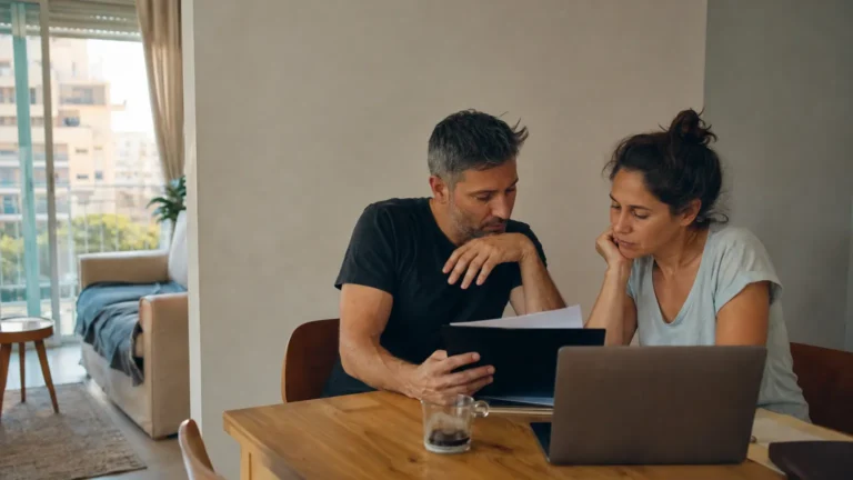 זוג בוחן יחד את תמונת החיסכון הפנסיוני בבית