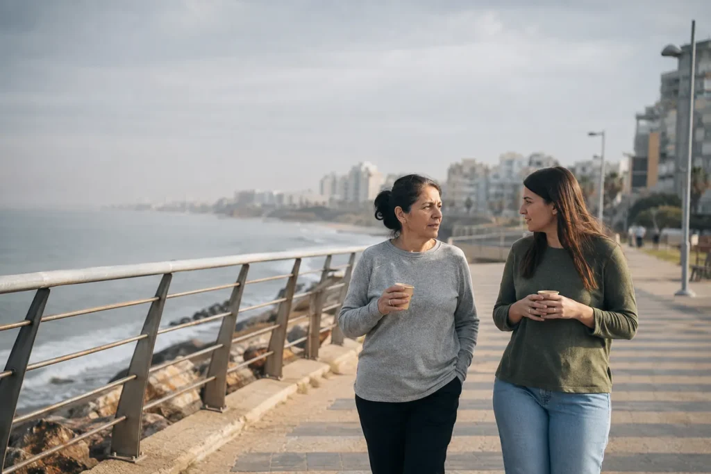שתי נשים משוחחות על העתיד בהליכה לאורך הטיילת