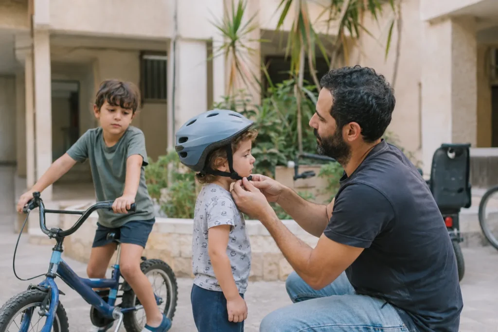 אב מסייע לילד לחבוש קסדה לפני רכיבה