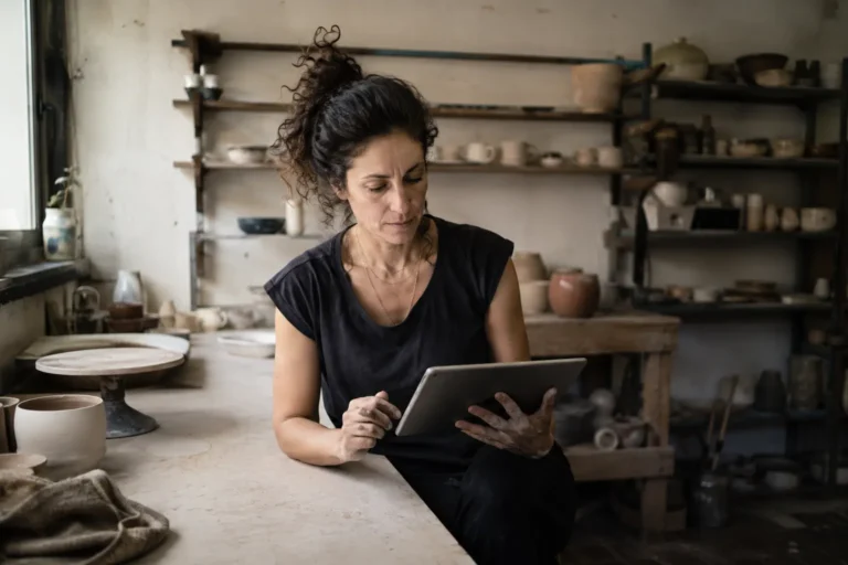 עצמאית בודקת את קרן ההשתלמות במהלך יום העבודה