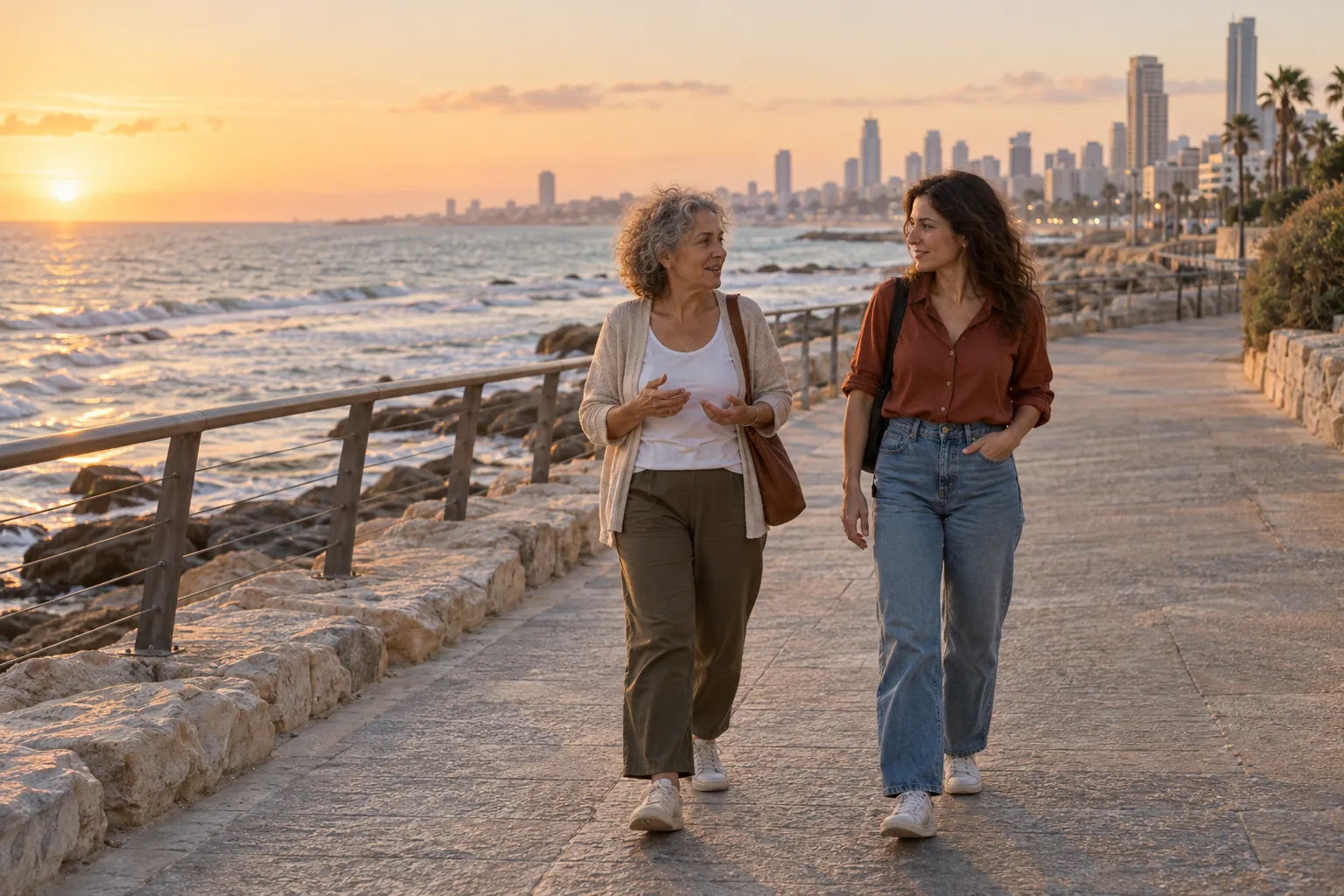 אישה בשנות ה-60 ובתה הבוגרת הולכות ומשוחחות בטיילת ליד הים בשעת שקיעה.