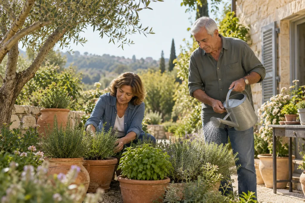 גבר ואישה בשנות ה-60 מטפלים יחד בגינה ביתית קטנה באור בוקר.