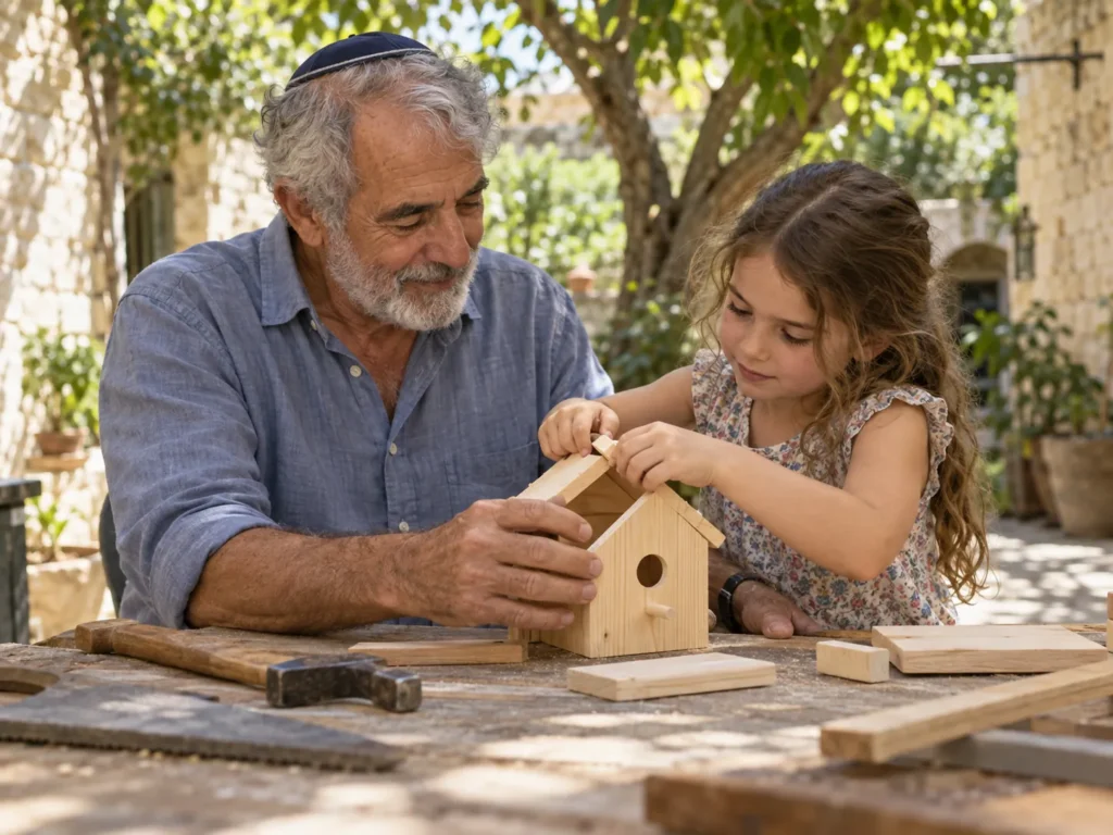 סב ונכדה צעירה מרכיבים יחד בית ציפורים מעץ ליד שולחן עבודה בחצר מוצלת.
